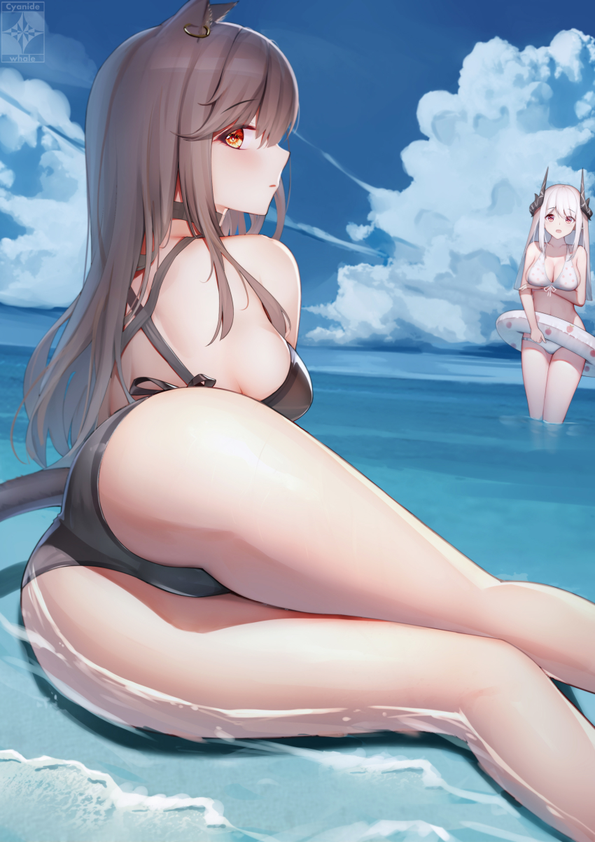 2girls, absurdres, animal_ears, arknights, artist_logo, artist_name, ass, bare_legs