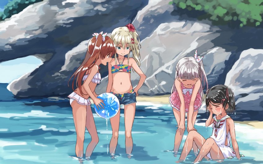 4girls, ball, beachball, bikini, black_hair, blonde_hair, blue_shorts, blush, bow, brown_hair, closed_eyes, denim, denim_shorts, dress, grecale_(kancolle), grecale_(swimsuit)_(kancolle), green_eyes, hair_bow, holding, holding_ball, holding_beachball, jewelry, kantai_collection, libeccio_(kancolle), libeccio_(swimsuit)_(kancolle), long_hair, maestrale_(kancolle), maestrale_(swimsuit)_(kancolle), matsutani, multiple_girls, neckerchief, necklace, one-piece_swimsuit, one_side_up, open_mouth, pink_bow, pink_one-piece_swimsuit, polka_dot, polka_dot_swimsuit, rock, sailor_collar, sailor_dress, scirocco_(kancolle), shore, short_hair, shorts, silver_hair, sleeveless, sleeveless_dress, swimsuit, twintails, wet, wet_clothes, wet_dress, white_bikini, white_dress, white_sailor_collar