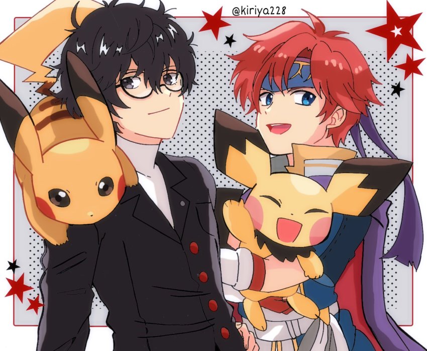@storm5958, amamiya_ren, armor, black_hair, blue_armor, brown_hair, fire_emblem, fire_emblem:_the_binding_blade, fukuyama_jun, gen_1_pokemon, gen_2_pokemon, glasses, gloves, headband, highres, jacket, kiriya_(552260), koorogi_satomi, looking_at_viewer, male_focus, nintendo, ootani_ikue, open_mouth, persona, persona_5, pichu, pikachu, pokemon, pokemon_(creature), ray_chase, red_hair, roy_(fire_emblem), school_uniform, short_hair, shuujin_academy_school_uniform, simple_background, smile, super_smash_bros., voice_actor_connection, xander_mobus
