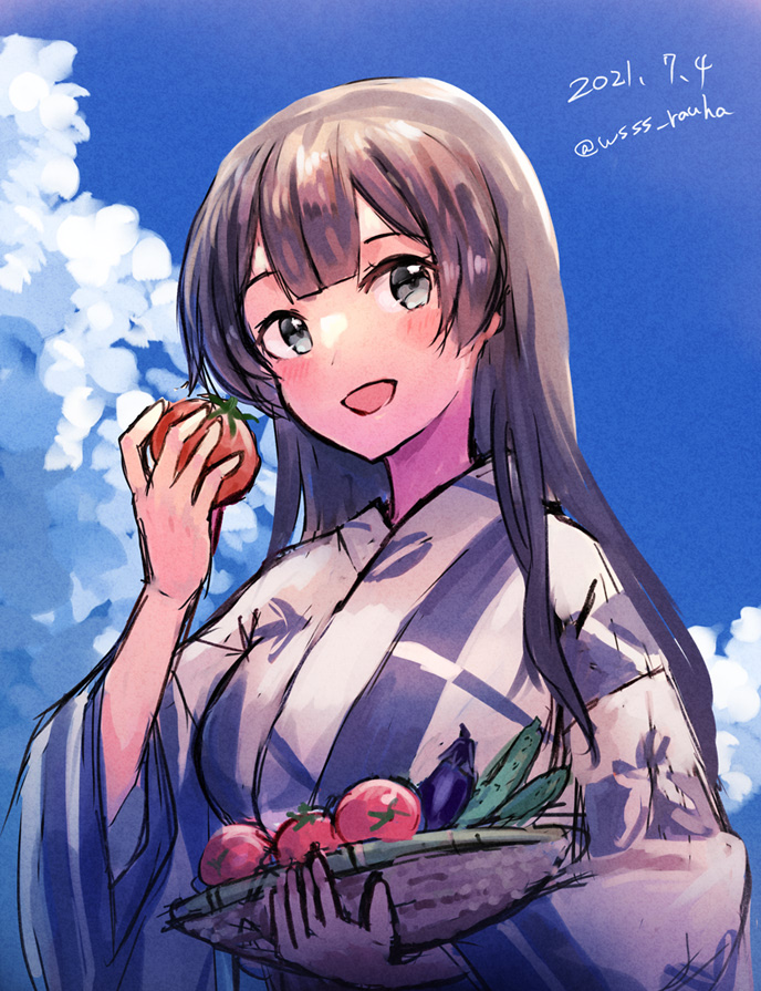 1girl, agano_(kancolle), agano_(yukata)_(kancolle), basket, black_hair, blue_sky, cloud, commentary_request