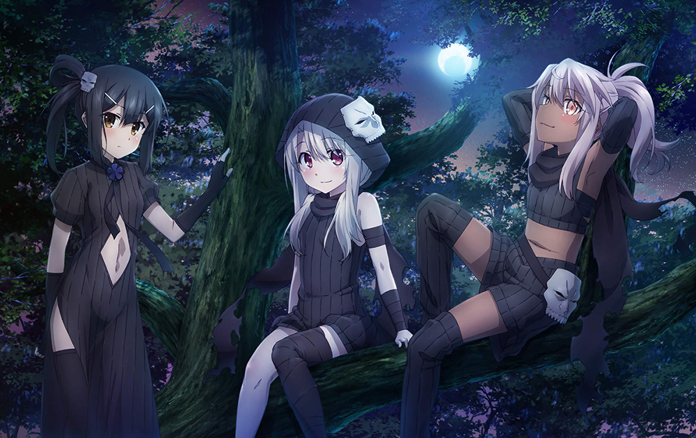 3girls, armpits, arms_up, black_hair, black_legwear, brown_eyes, chloe_von_einzbern, clothing_cutout, dark-skinned_female, dark_skin, fate/kaleid_liner_prisma_illya, fate_(series), hair_ornament, hiroyama_hiroshi, illyasviel_von_einzbern, illyasviel_von_einzbern_(assassin_install), looking_at_viewer, looking_up, mask, miyu_edelfelt, miyu_edelfelt_(assassin_install), moon, multiple_girls, navel, navel_cutout, night, official_art, outdoors, red_eyes, single_thighhigh, skull_hair_ornament, skull_mask, smile, thighhighs, tree, white_hair