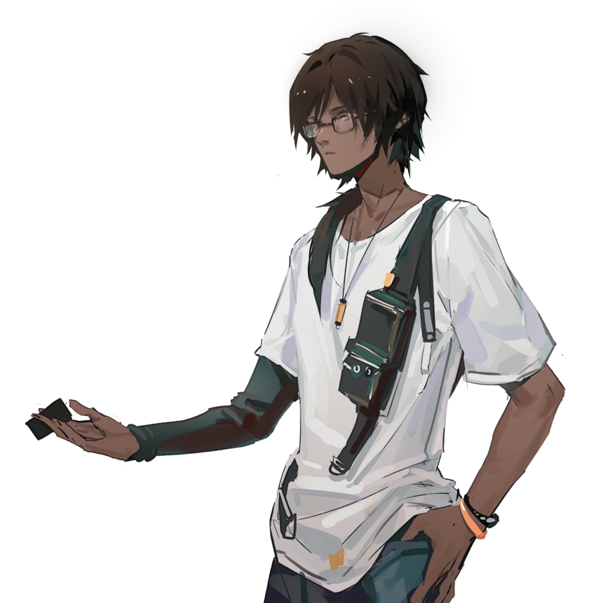 1boy, arknights, black_hair, black_sleeves, bracelet, closed_mouth, commentary_request, dark-skinned_male