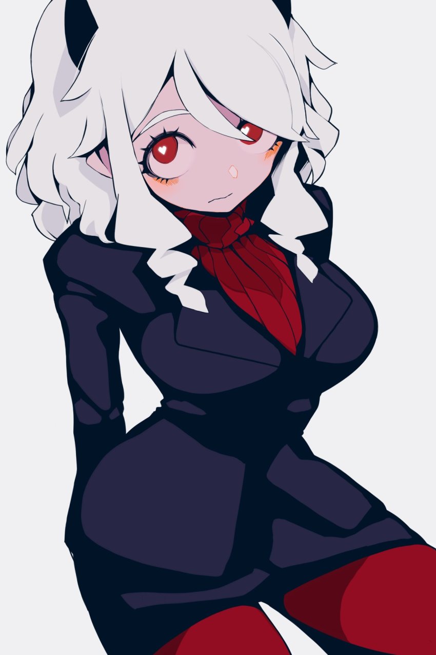 1girl, black_horns, black_jacket, black_skirt, blazer, blush, demon_girl, demon_horns