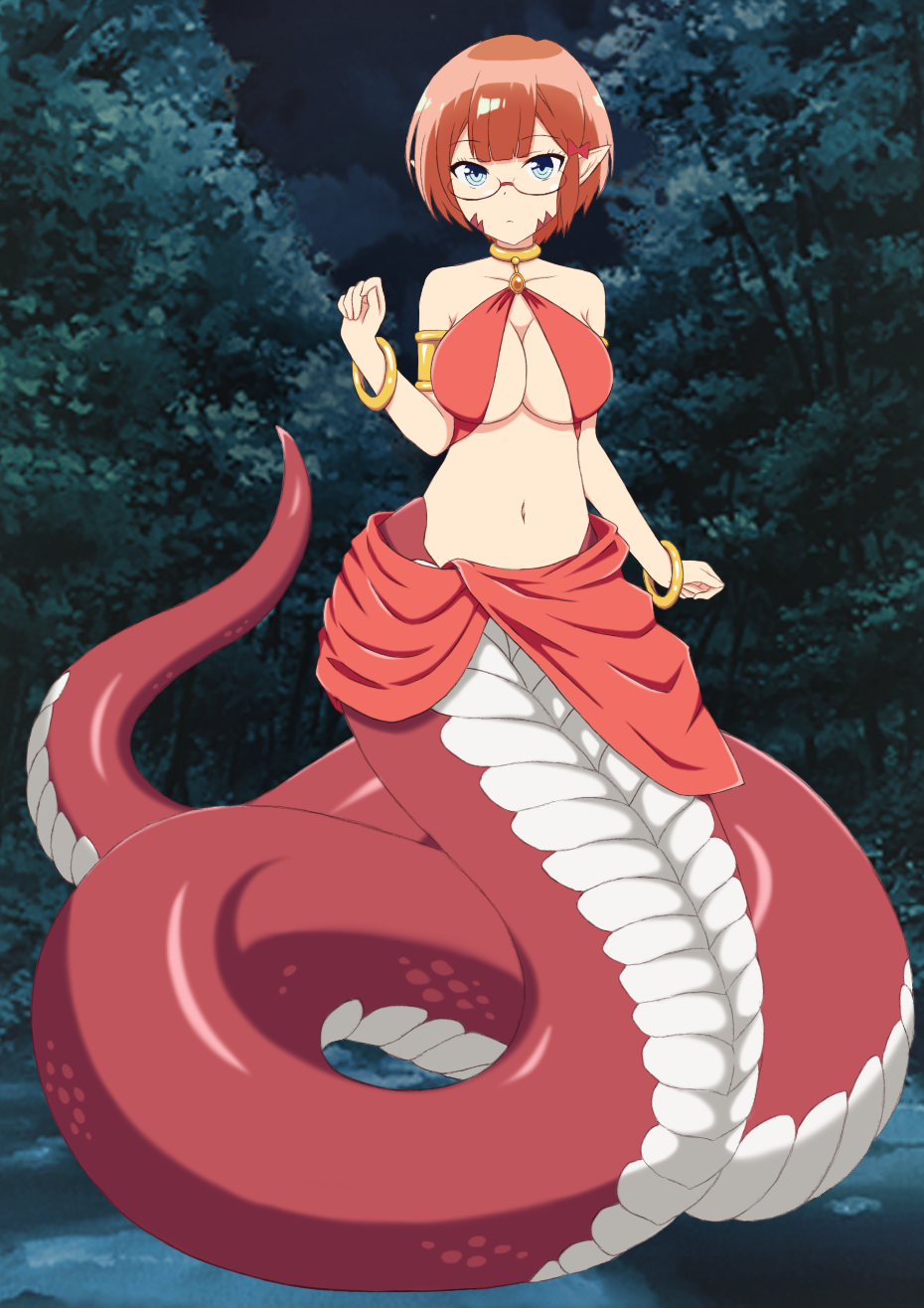 1girl, armlet, bokutachi_wa_benkyou_ga_dekinai, bracelet, breasts, cleavage, cosplay, full_body, highres, jewelry, lamia, lee_xianshang, miia_(monster_musume), miia_(monster_musume)_(cosplay), monster_girl, monster_musume_no_iru_nichijou, monsterification, navel, night, o-ring, ogata_rizu, outdoors, pointy_ears, short_hair, solo