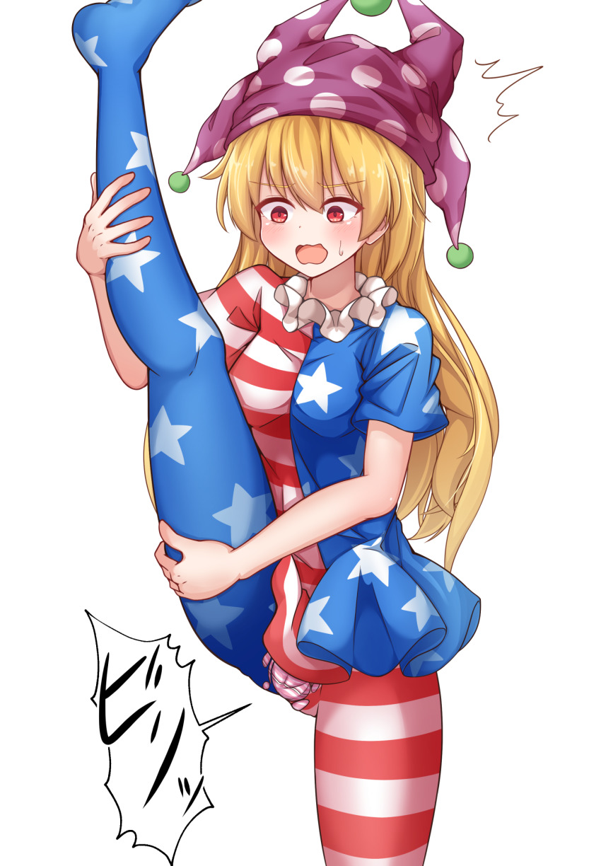 1girl, american_flag_dress, american_flag_legwear, blonde_hair, blush, breasts, clownpiece, hand_on_own_leg
