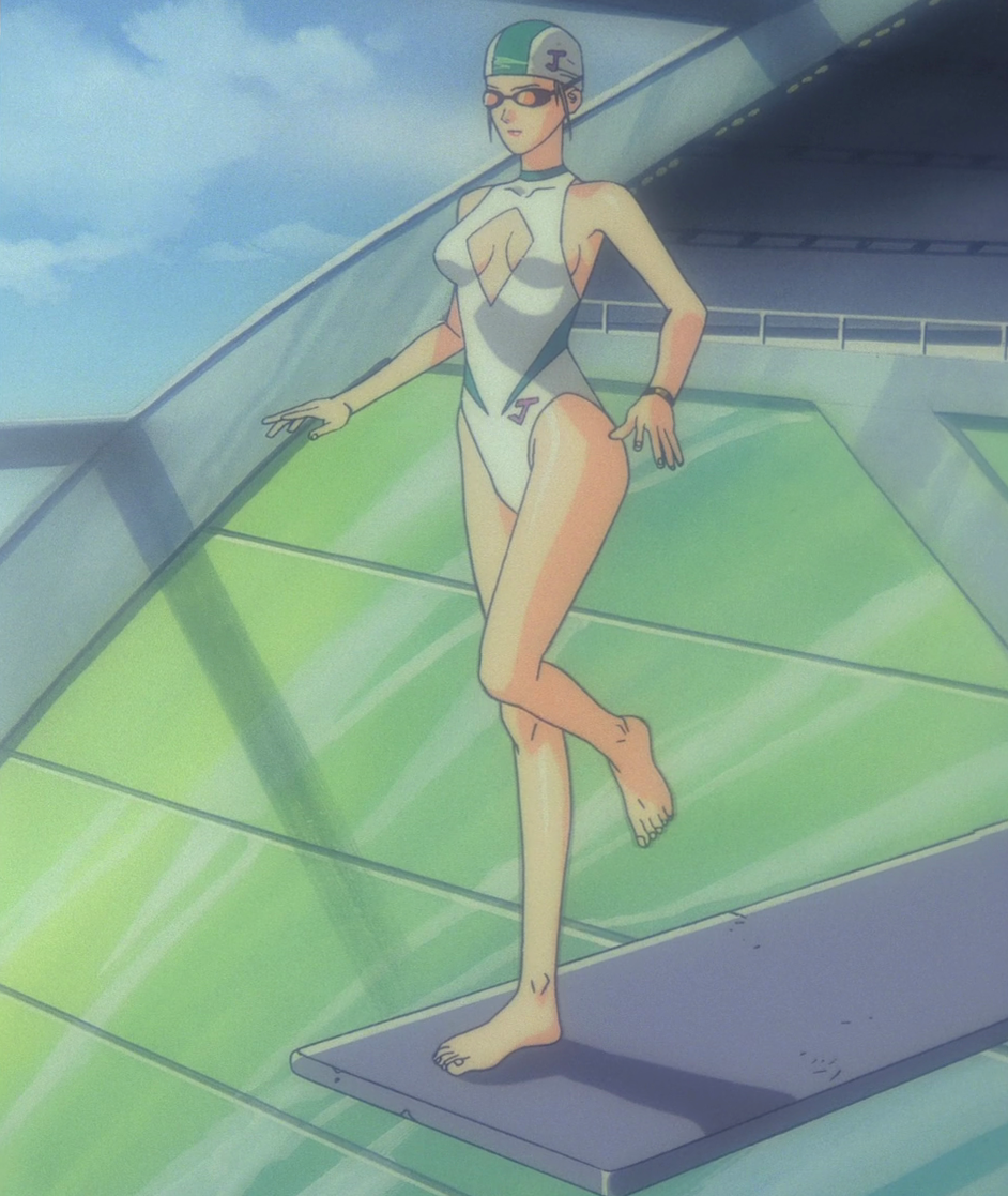 1990s_(style), 1girl, bare_legs, bare_shoulders, breasts, cleavage, cleavage_cutout, clothing_cutout