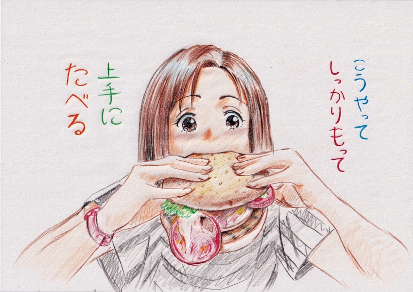 1girl, brown_eyes, brown_hair, burger, burger_malfunction, colored_pencil_(medium), eating, food, graphite_(medium), hama_(user_udhg5388), highres, holding, holding_food, original, shirt, solo, t-shirt, tomato, tomato_slice, traditional_media, upper_body