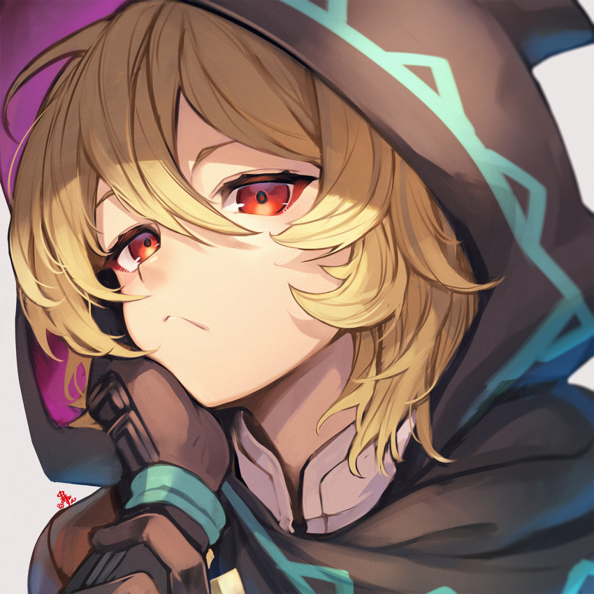 1girl, alex_(dragalia_lost), blonde_hair, closed_mouth, dragalia_lost, hand_on_own_face, highres, hood