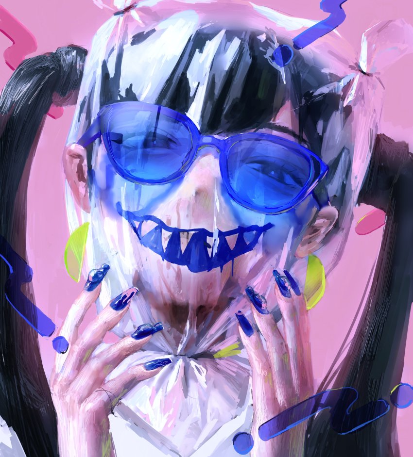 1girl, absurdres, asphyxiation, bag, bag_over_head, black_hair, blue-framed_eyewear, blue_nails