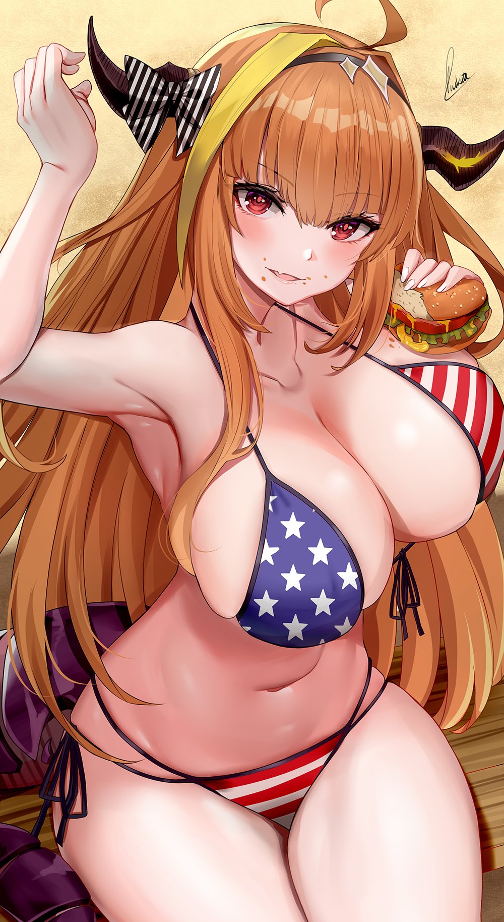 1girl, ahoge, american_flag, american_flag_bikini, american_flag_print, armpits, bikini, bow, breasts, burger, cleavage, collarbone, commentary, diagonal-striped_bow, dragon_girl, dragon_horns, dragon_tail, english_commentary, fang, female_focus, flag_print, flag_print_bikini, food, food_on_face, fourth_of_july, hand_up, highres, holding, holding_food, hololive, horns, kiryu_coco, large_breasts, long_hair, looking_at_viewer, midriff, navel, orange_hair, piukute062, print_bikini, red_eyes, side-tie_bikini_bottom, signature, sitting, skin_fang, solo, striped_bikini, striped_bow, striped_clothes, swimsuit, tail, thighs, virtual_youtuber, yellow_background