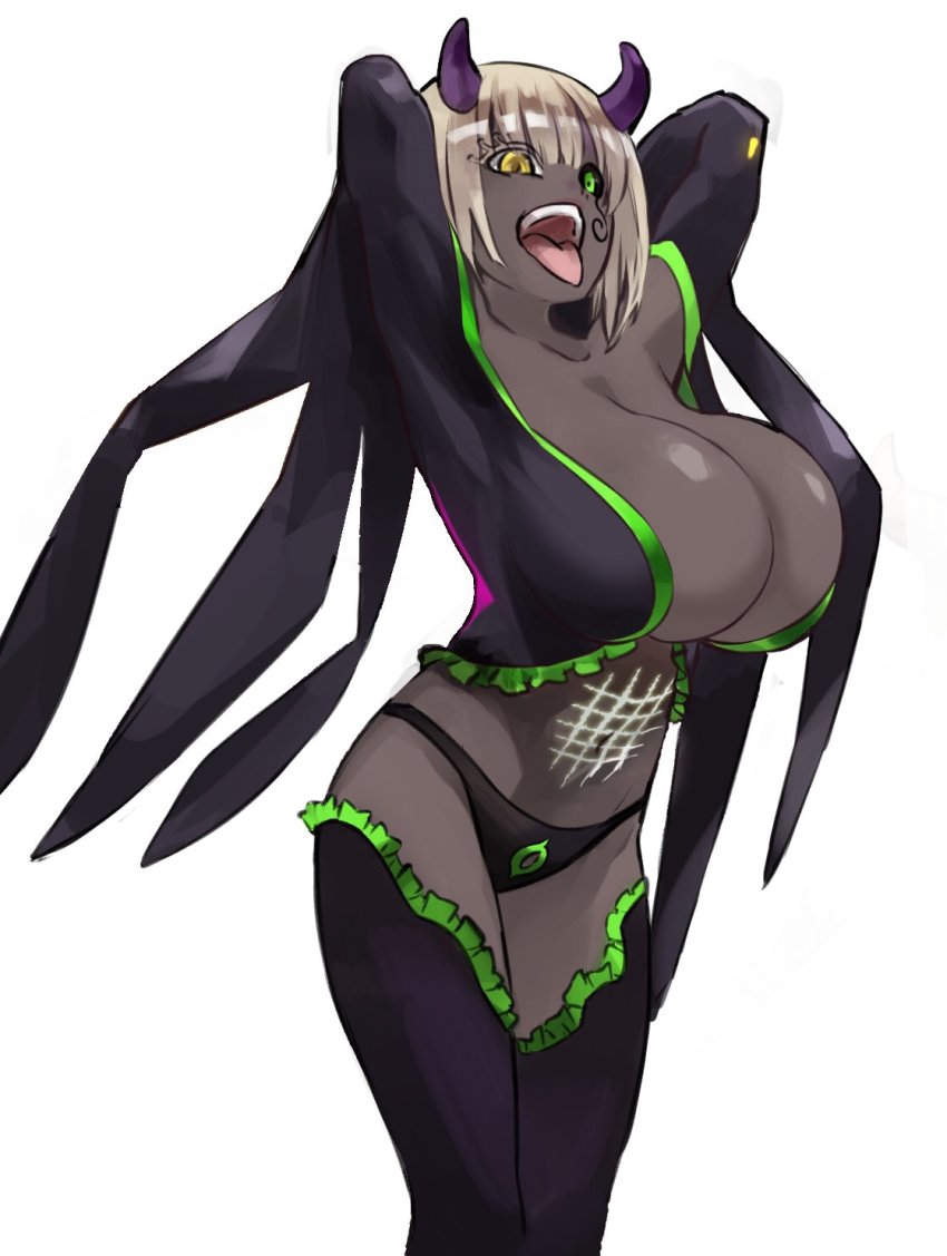 arms_up, atago_(sousei_no_onmyouji), bare_shoulders, black_sclera, black_skin, blonde_hair, breasts, cleavage