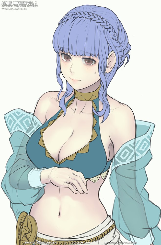 1girl, alternate_costume, bikini, blue_bikini, blue_hair, braid, breasts, brown_eyes