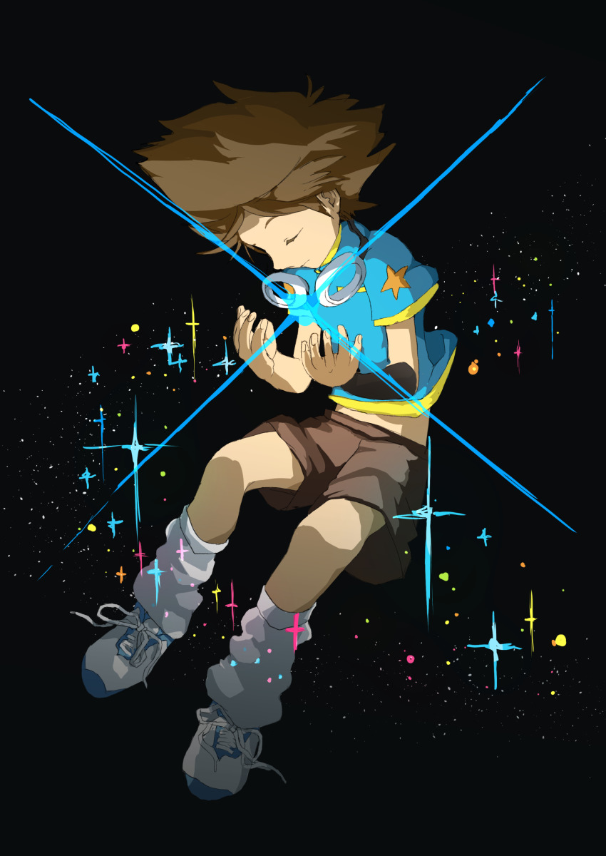 1boy, absurdres, bad_id, bad_pixiv_id, black_background, blue_shirt, brown_hair, brown_shorts