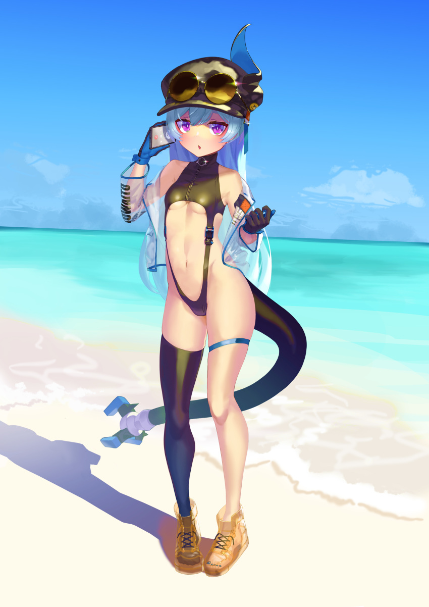 1girl, :o, absurdres, bare_shoulders, beach, black_gloves, black_hat, black_thighhighs, blue_eyes, blue_hair, blue_sky, boots, breasts, brown_boots, cloud, cloudy_sky, eyewear_on_head, gloves, hair_between_eyes, hat, highres, holding, holding_phone, honkai_(series), honkai_impact_3rd, horns, johnny-chan, liliya_olenyeva, looking_at_viewer, navel, ocean, open_mouth, outdoors, phone, sand, see-through_clothes, see-through_shirt, shadow, shirt, single_horn, single_thighhigh, sky, slingshot_swimsuit, small_breasts, solo, sunglasses, swimsuit, tail, thighhighs, underboob