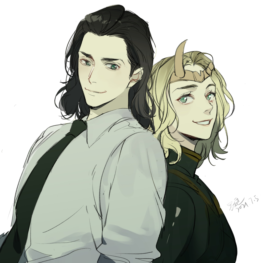 1boy, 1girl, animification, bad_id, bad_twitter_id, black_hair, blonde_hair, fake_horns, green_eyes, grin, horned_headwear, horned_tiara, loki_(disney+), loki_(marvel), luo_jie, marvel, medium_hair, necktie, shirt, simple_background, smile, sylvie_(marvel), tiara, upper_body, white_background, white_shirt