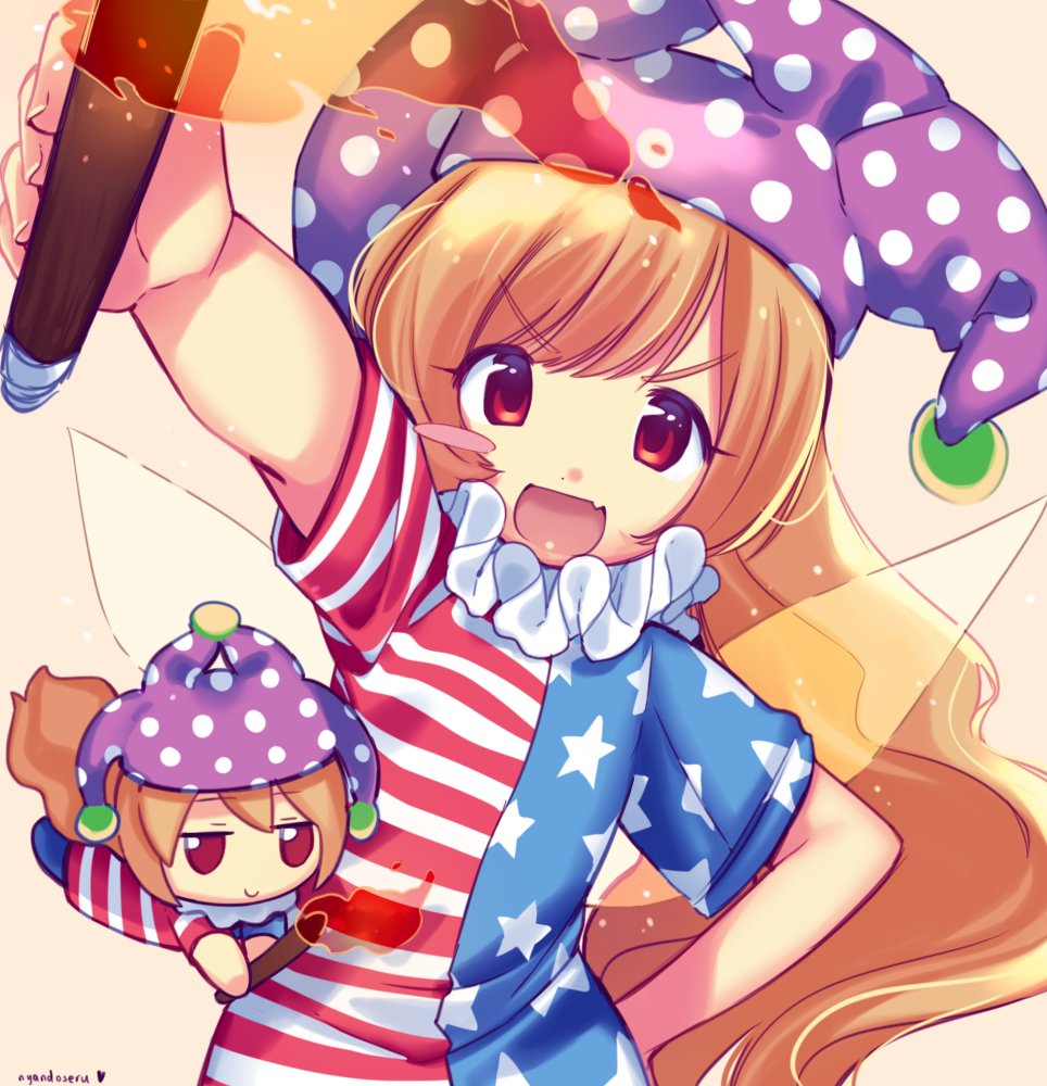 1girl, american_flag_print, american_flag_shirt, arm_up, artist_name, blonde_hair, blue_pants, blue_shirt