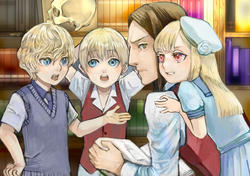 1girl, 3boys, blonde_hair, blue_eyes, book, bookshelf, brown_eyes, brown_hair