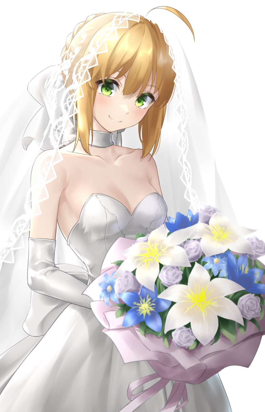 1girl, absurdres, ahoge, artoria_pendragon_(fate), blonde_hair, blue_flower, bouquet, braid, braided_bun, breasts, bridal_veil, bride, dress, elbow_gloves, fate/stay_night, fate_(series), flower, gloves, green_eyes, hair_bun, highres, holding, holding_bouquet, official_alternate_costume, saber_(fate), saber_(royal_dress)_(fate), sidelocks, sleeveless, sleeveless_dress, small_breasts, smile, solo, strapless, strapless_dress, tsurupy, upper_body, veil, wedding_dress, white_dress, white_flower, white_gloves