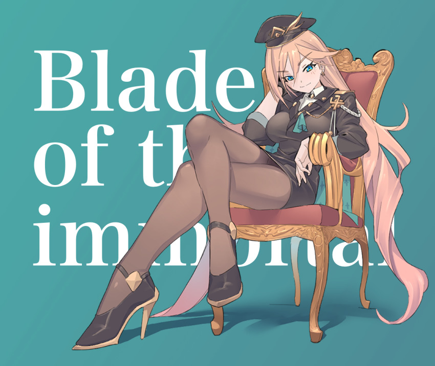 1girl, durandal_(honkai_impact), black_skirt, blonde_hair, blue_eyes, chair, closed_mouth, crossed_legs