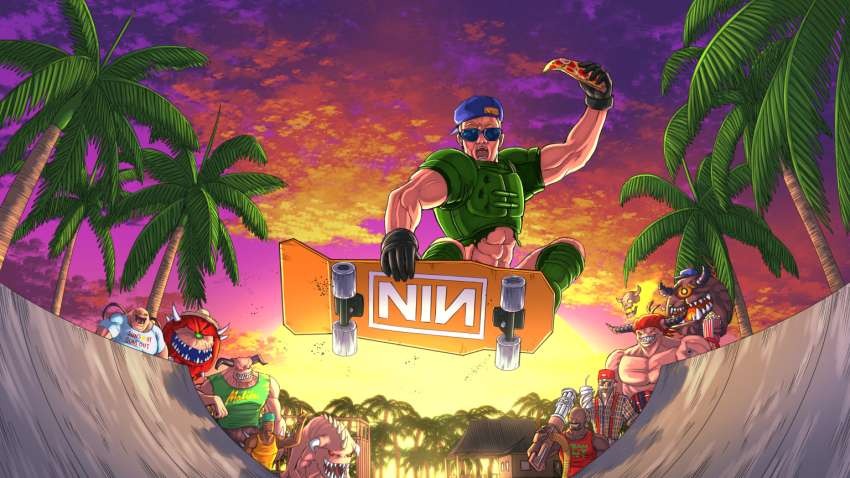 1990s_(style), 6+boys, arch-vile, armor, backwards_hat, bandana, baron_of_hell, black_gloves, black_horns, blonde_hair, blue-tinted_eyewear, blue_headwear, breastplate, bullet_hole, cacodemon, clothes_writing, cyberdemon, dark-skinned_male, dark_skin, demon_boy, demon_horns, doom_(series), doomguy, food, gloves, hat, heavy_weapon_dude_(doom), hell_knight, horns, imp_(doom), indy_grab, lost_soul_(doom), male_focus, mancubus, multiple_boys, muscular, muscular_male, \n/, nine_inch_nails, open_mouth, pain_elemental, pizza, pizza_slice, ramp, red_bandana, retro_artstyle, shirt, skate_park, skateboard, skateboarding, solo_focus, substance20, sunset, t-shirt, tank_top, tinted_eyewear, torn_clothes, what