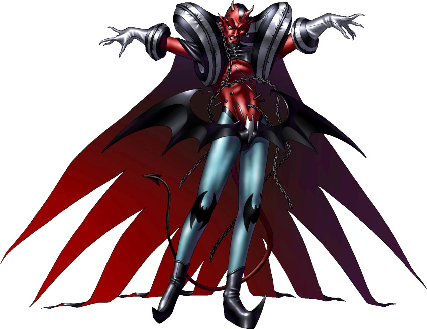 1boy, animal_print, azazel_(megami_tensei), bat_print, beard, black_hair, cape, chain, colored_sclera, colored_skin, demon, demon_(megami_tensei), demon_boy, demon_tail, devil_summoner:_soul_hackers, devil_summoner_(series), facial_hair, fingernails, full_body, gloves, goatee, highres, horns, kazuma_kaneko, official_art, piercing, pointy_boots, pointy_ears, red_skin, sharp_fingernails, shin_megami_tensei, solo, tail, third-party_source, transparent_background, white_eyes, white_gloves, yellow_sclera