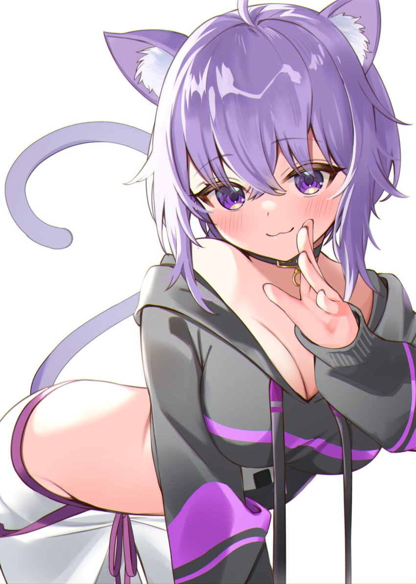 1girl, :3, ahoge, animal_collar, animal_ears, arm_support, bent_over, black_collar, black_hoodie, blush, breasts, cat_ears, cat_girl, cat_tail, closed_mouth, clothes_pull, collar, cropped_hoodie, crossed_bangs, drawstring, groin, hair_between_eyes, highres, hololive, hood, hoodie, large_breasts, long_sleeves, looking_at_viewer, midriff, nekomata_okayu, nekomata_okayu_(1st_costume), no_bra, off_shoulder, pants, pants_pull, purple_eyes, purple_hair, shiro_hebi_rei, short_hair, simple_background, smile, solo, sweatpants, tail, virtual_youtuber, white_background, white_pants
