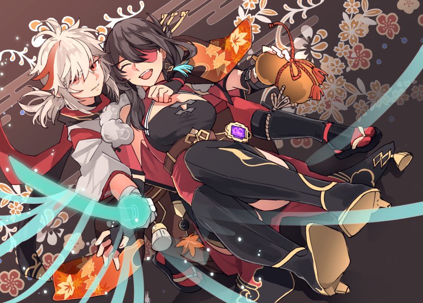 1boy, 1girl, absurdres, bandages, bandaged_arm, beidou_(genshin_impact), black_gloves, boots, brown_hair, dress, earrings, eyepatch, closed_eyes, fingerless_gloves, floral_background, genshin_impact, gloves, high_heel_boots, high_heels, highres, holding_jug, hug, hug_from_behind, jewelry, kaedehara_kazuha, kk_(kkgame7733), knee_boots, leather_belt, long_hair, multicolored_hair, open_mouth, parted_lips, ponytail, red_dress, red_hair, silver_hair, two-tone_hair, vision_(genshin_impact)