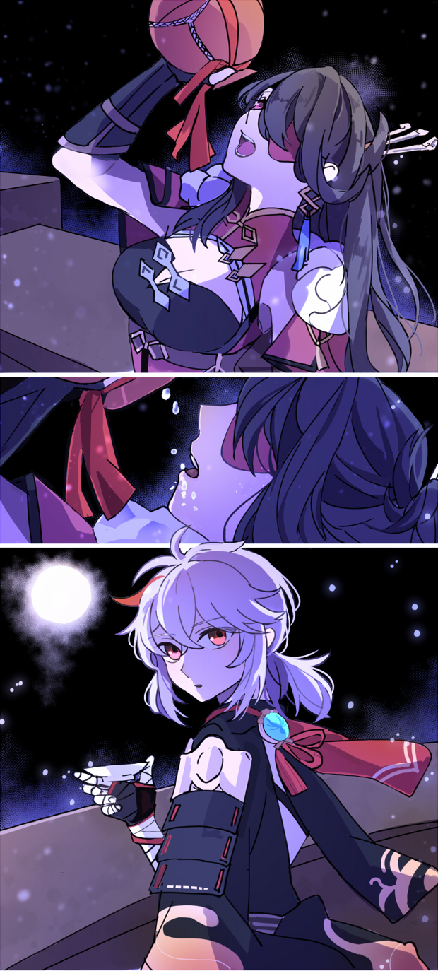 1boy, 1girl, armor, bandages, bandaged_arm, beidou_(genshin_impact), black_gloves, breasts