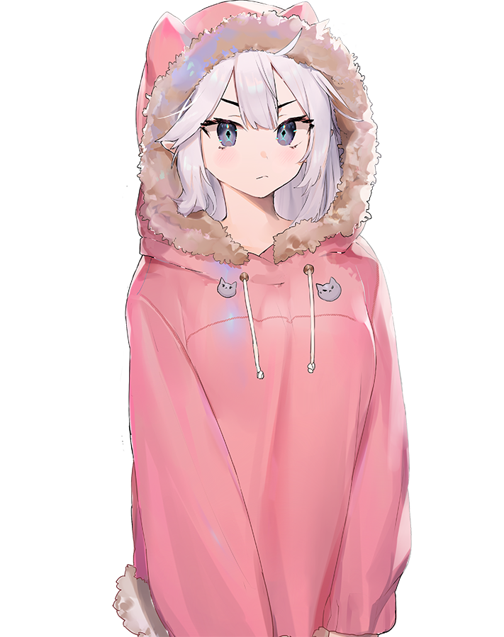 1girl, blue_eyes, breasts, commentary, english_commentary, eyebrows_hidden_by_hair, frown, fur_trim