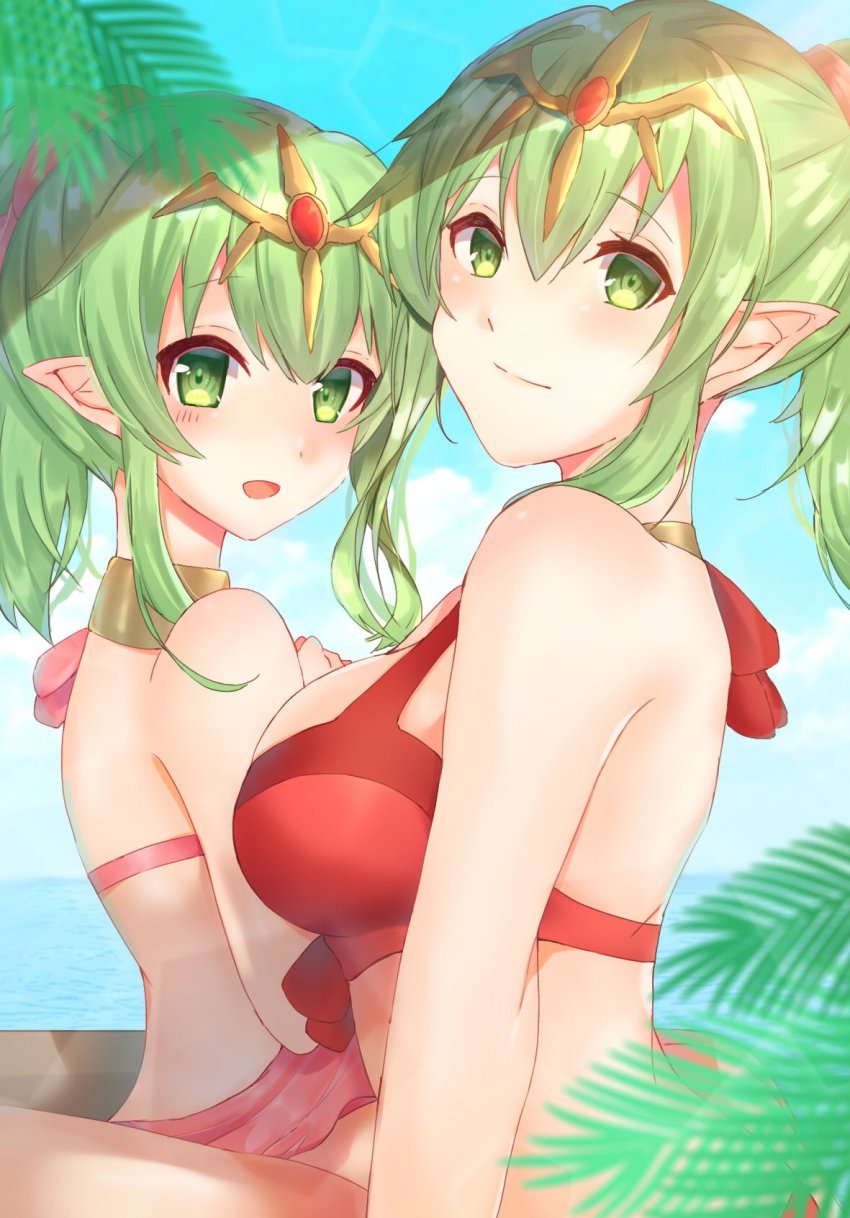 2girls, age_difference, alternate_costume, bikini, blue_sky, breasts, dual_persona, edamameoka, female_focus, fire_emblem, fire_emblem_heroes, green_eyes, green_hair, highres, jewelry, large_breasts, looking_at_viewer, matching_hair/eyes, multiple_girls, necklace, nintendo, ocean, open_mouth, pink_bikini, pointy_ears, ponytail, red_bikini, sky, smile, swimsuit, tiara, tiki_(adult)_(fire_emblem), tiki_(adult)_(summering_scion)_(fire_emblem), tiki_(fire_emblem), tiki_(young)_(beachside_scion)_(fire_emblem), tiki_(young)_(fire_emblem), time_paradox