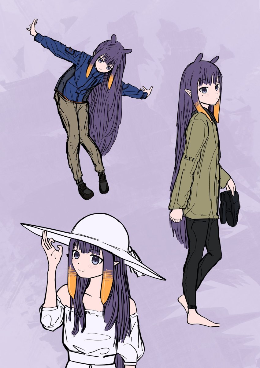 1girl, barefoot, beige_jacket, blue_jacket, brown_pants, clenched_hand, cosplay, dress