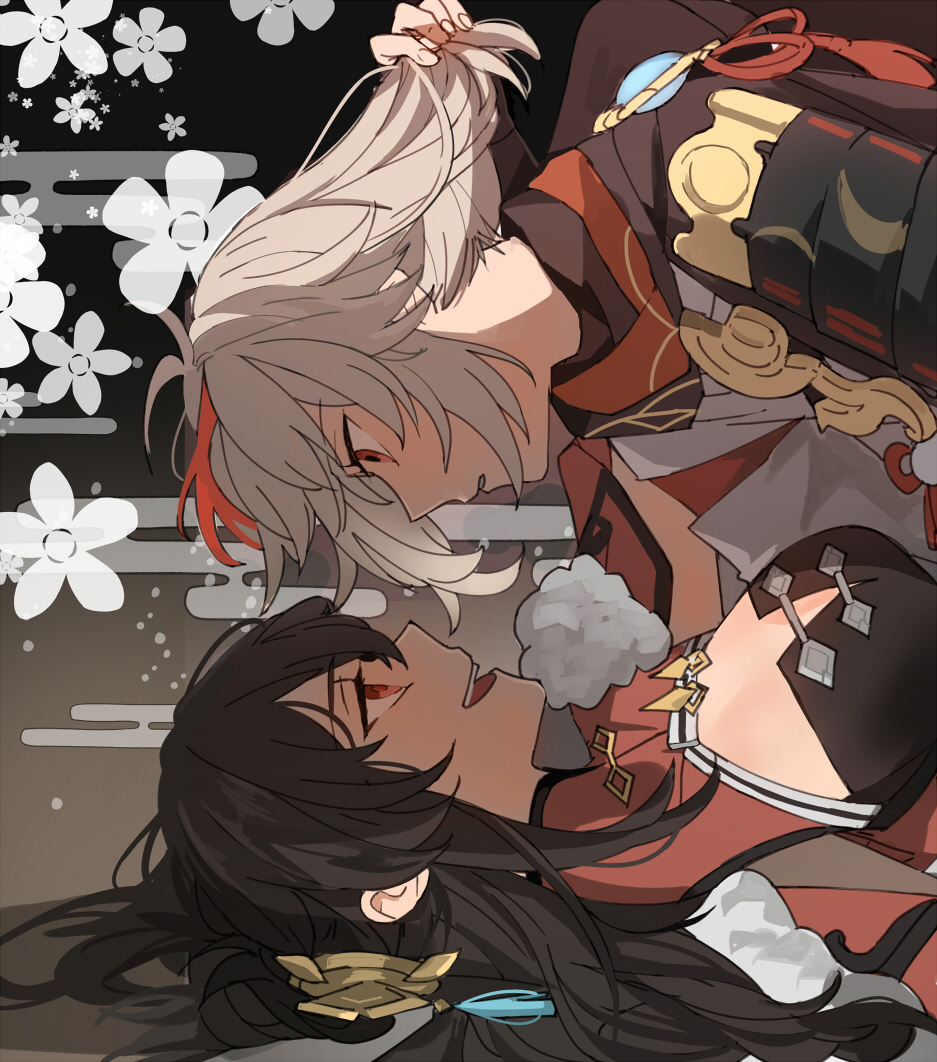 1boy, 1girl, armor, beidou_(genshin_impact), breasts, brown_hair, dress, floral_background, genshin_impact, hand_in_another's_hair, kaedehara_kazuha, kk_(kkgame7733), large_breasts, long_hair, looking_at_another, lying, multicolored_hair, on_back, open_mouth, red_dress, red_eyes, red_hair, shoulder_armor, silver_hair, two-tone_hair