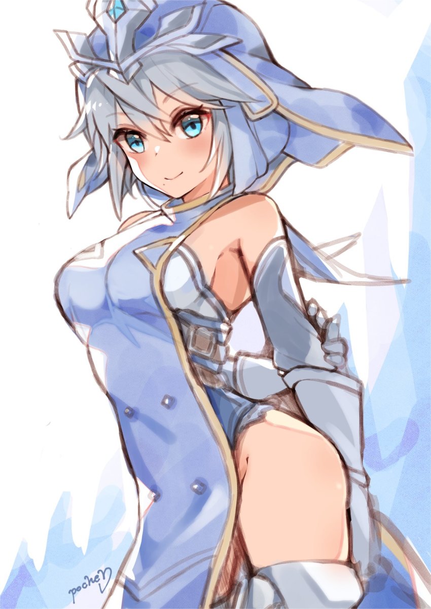 1girl, bare_hips, bare_shoulders, blue_eyes, breasts, cibella, detached_sleeves, dragalia_lost, grey_hair, headdress, highres, looking_at_viewer, medium_breasts, po_pooch, short_hair, solo, thighs, upper_body