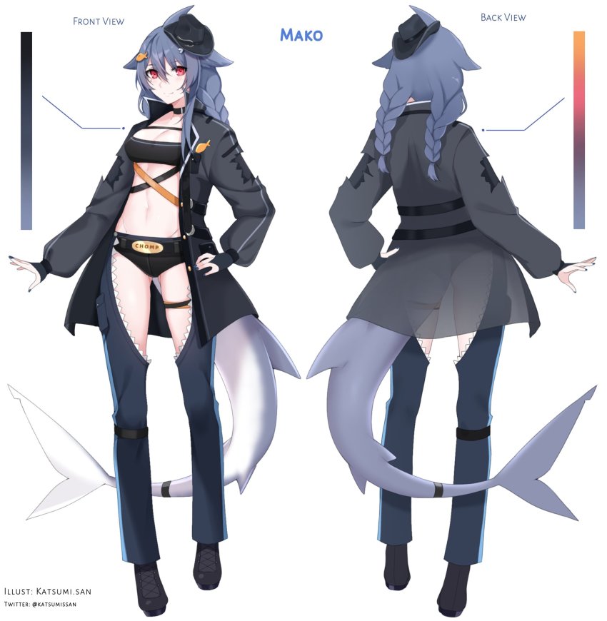 1girl, black_shorts, blue_hair, blue_pants, braid, reference_sheet, color_guide, commentary, english_commentary, fins, fish_hair_ornament, fish_tail, gluteal_fold, grey_jacket, hair_ornament, highres, indie_virtual_youtuber, jacket, katsumi_(katsumissan), looking_at_viewer, mako_sameshima, mole, mole_under_eye, multiple_views, pants, red_eyes, second-party_source, shark_fin, shark_girl, shark_tail, short_shorts, shorts, skindentation, tail, thigh_strap, twin_braids, virtual_youtuber