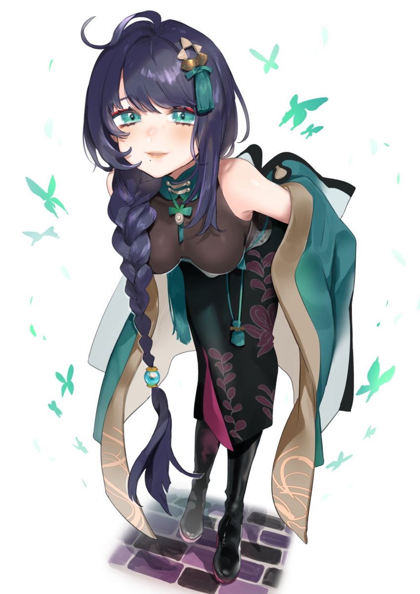 1girl, bent_over, black_boots, black_hair, black_skirt, bodystocking, boots, braid, breasts, commission, eyebrows_hidden_by_hair, eyeshadow, green_eyes, highres, indie_virtual_youtuber, long_hair, long_skirt, lyn_meis, makeup, mayuri_kaichou, medium_breasts, mole, mole_under_mouth, off_shoulder, parted_lips, red_eyeshadow, skeb_commission, skirt, smile, solo, virtual_youtuber