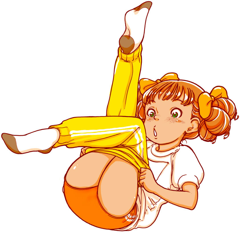 1girl, blush, bow, buruma, female_focus, hair_bow, johanna_von_trapp, orange_bow, orange_hair, pants, riarutoruchokku, simple_background, socks, solo, sweatpants, trapp_ikka_monogatari, white_background, world_masterpiece_theater