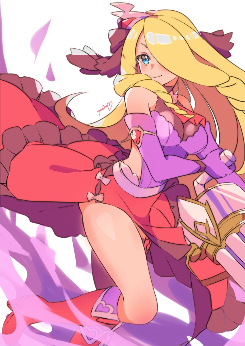 1girl, bare_shoulders, blue_eyes, boots, breasts, chelle_(dragalia_lost), chelle_(gala)_(dragalia_lost), closed_mouth, dragalia_lost, gun, hair_ornament, hair_over_one_eye, highres, holding, holding_gun, holding_weapon, large_breasts, long_hair, looking_at_viewer, official_alternate_costume, po_pooch, solo, thighs, upper_body, very_long_hair, weapon