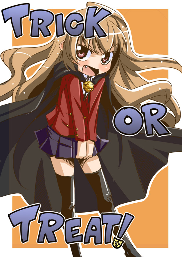00s, 1girl, aisaka_taiga, brown_eyes, brown_hair, cape, fang, female_focus