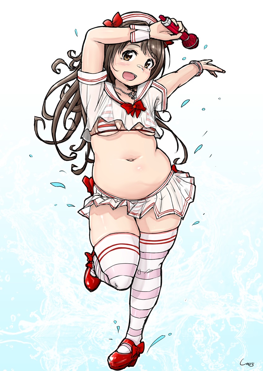 1girl, arm_up, blush, bow, bra, breasts, brown_eyes, brown_hair, character_request, commentary_request, copyright_request, crop_top, footwear_bow, full_body, hair_bow, hat, head_tilt, highres, jewelry, long_hair, looking_at_viewer, looking_to_the_side, medium_breasts, miniskirt, navel, necklace, open_mouth, pleated_skirt, plump, red_footwear, sailor_collar, sailor_hat, see-through_clothes, see-through_shirt, shigekikkusu, short_sleeves, signature, skirt, solo, standing, standing_on_one_leg, string_bra, striped_bra, striped_clothes, striped_skirt, striped_thighhighs, striped_wrist_cuffs, thick_thighs, thighhighs, thighs, underwear, wrist_cuffs