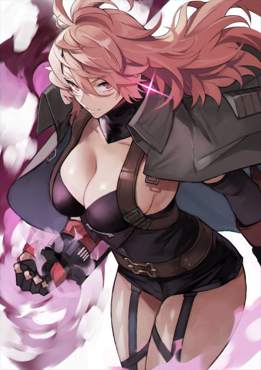 1girl, absurdres, alchemy_stars, black_gloves, black_jacket, breasts, cleavage, clenched_hand, closed_mouth, collarbone, cowboy_shot, garter_straps, gloves, hair_between_eyes, highres, jacket, jacket_on_shoulders, large_breasts, long_hair, looking_at_viewer, pink_eyes, pink_hair, smile, solo, wrath_(alchemy_stars), yoshio_(55level)