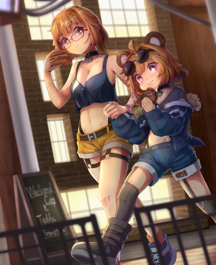 +_+, 2girls, :t, aged_down, ahoge, animal_ears, bear_ears, boots