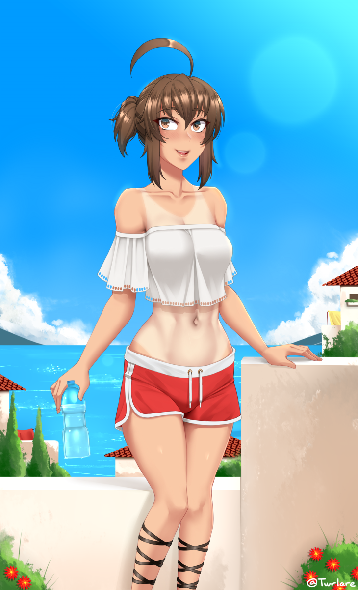 1girl, :d, andou_natsuki, bare_shoulders, blue_sky, bottle, breasts, brown_eyes, brown_hair, cloud, collarbone, commentary, dated_commentary, day, eyes_visible_through_hair, feet_out_of_frame, flower, highres, horizon, kitakubu_katsudou_kiroku, lens_flare, looking_at_viewer, medium_breasts, midriff, navel, off-shoulder_shirt, off_shoulder, one-piece_tan, open_mouth, outdoors, plastic_bottle, red_shorts, shirt, short_hair, short_shorts, short_side_ponytail, shorts, side_ponytail, sky, smile, solo, tan, tanline, twitter_username, twrlare, water, white_shirt