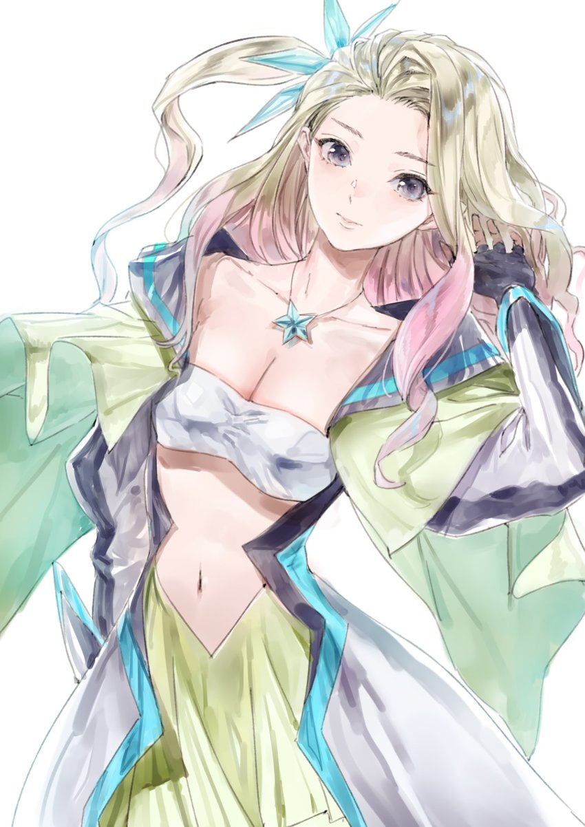 1girl, black_hair, blue_reflection_(series), blue_reflection_ray, breasts, cleavage, collarbone, commentary_request, fingerless_gloves, gloves, gradient_hair, hair_ornament, highres, jewelry, kishida_mel, light_brown_hair, long_hair, looking_at_viewer, multicolored_hair, navel, necklace, one_side_up, solo, star_(symbol), star_necklace, strapless, tanabe_momo, tube_top, white_background