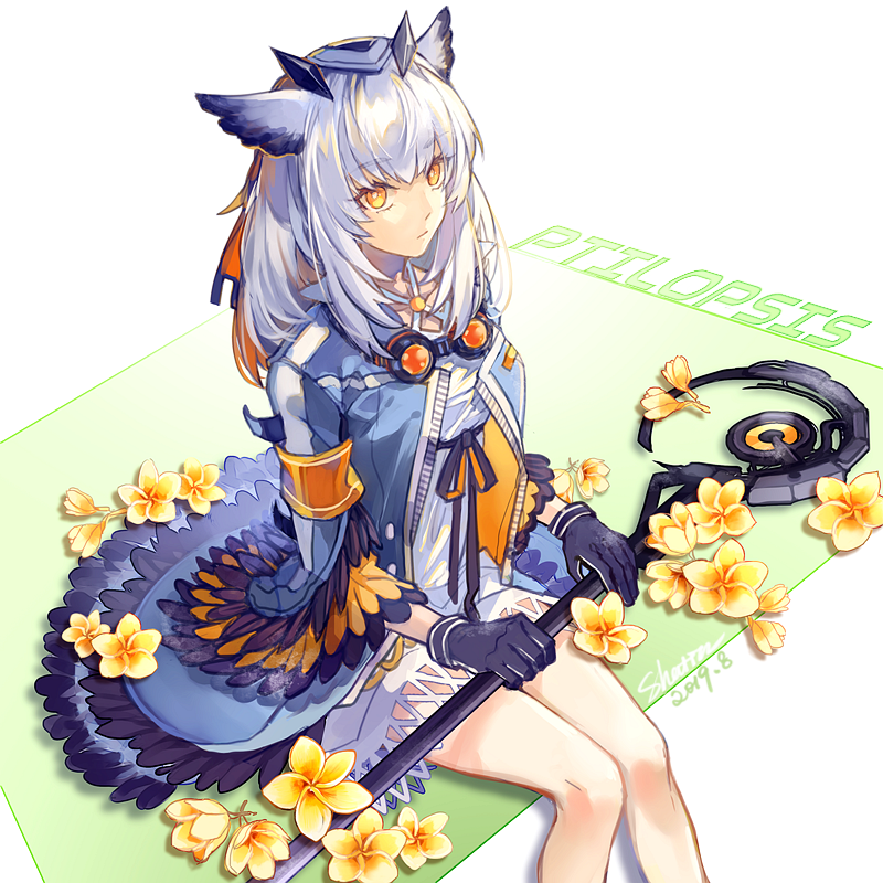 1girl, arknights, armband, bare_legs, black_gloves, black_ribbon, blue_jacket, character_name