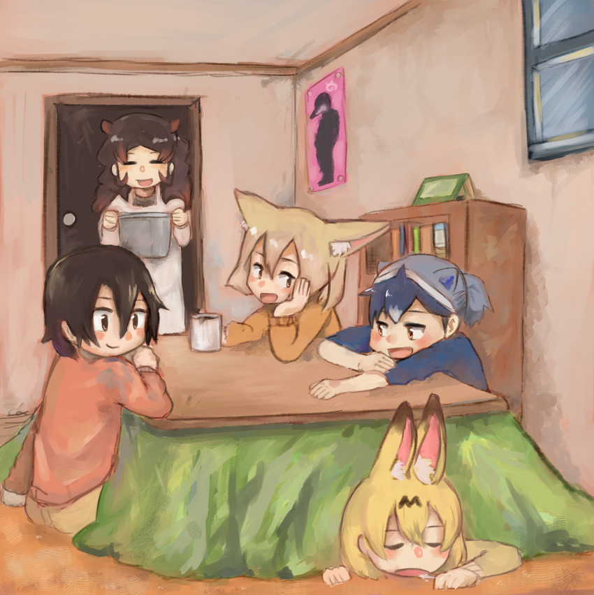5girls, :d, =_=, absurdres, alternate_costume, animal_ear_fluff, animal_ears, apron, black_hair, blonde_hair, blue_shirt, bookshelf, brown_eyes, casual, closed_eyes, commentary, common_raccoon_(kemono_friends), contemporary, cup, drooling, extra_ears, fennec_(kemono_friends), fox_ears, grey_hair, hair_between_eyes, highres, hippopotamus_(kemono_friends), indoors, kaban_(kemono_friends), kajitsu_ohima, kemono_friends, kotatsu, long_hair, long_sleeves, multicolored_hair, multiple_girls, open_mouth, orange_shirt, ponytail, poster_(object), pot, raccoon_ears, red_hair, red_shirt, serval_(kemono_friends), shirt, short_hair, short_ponytail, sitting, sleeping, smile, table, tatsuki_(person), under_kotatsu, under_table, |d
