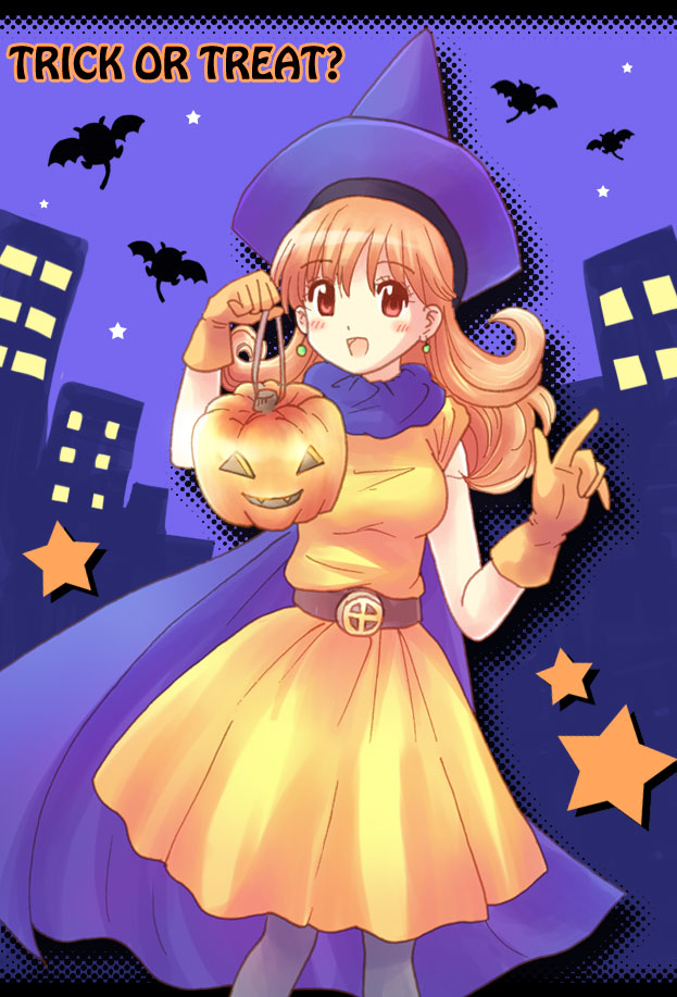 1girl, alena_(dq4), bad_id, bad_pixiv_id, cape, chunsoft, dragon_quest, dragon_quest_iv, dress, enix, female_focus, gloves, halloween, hat, jack-o'-lantern, long_hair, ninica, pantyhose, pumpkin, red_eyes, red_hair, skirt, solo, star_(symbol), trick_or_treat, yellow_dress