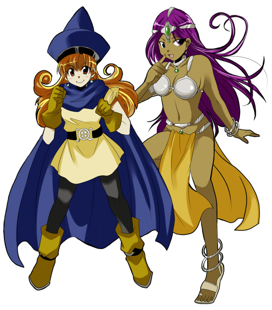 2girls, alena_(dq4), anklet, bad_id, bad_pixiv_id, belt, bikini, bikini_top_only