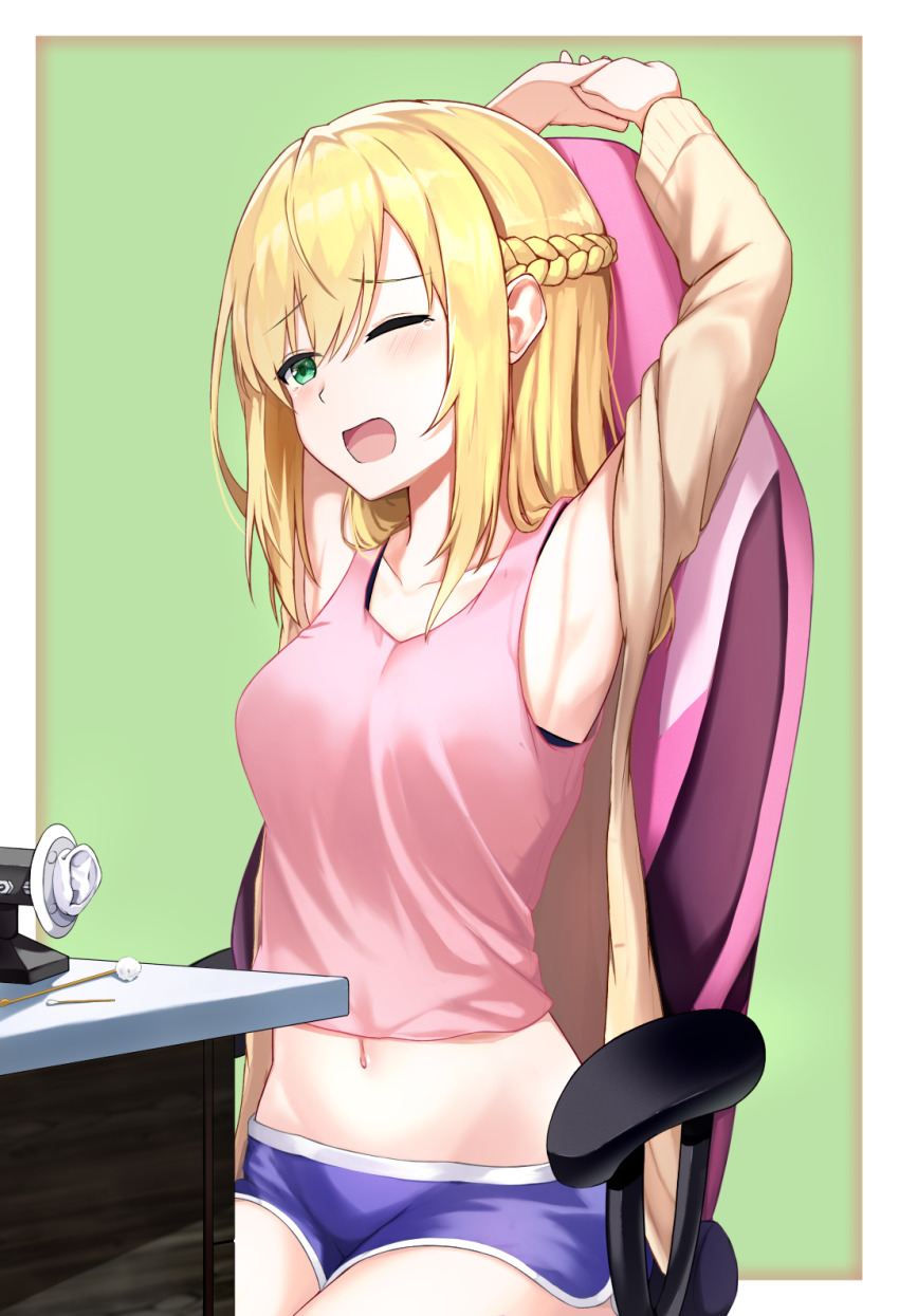 1girl, armpits, beige_cardigan, binaural_microphone, black_bra, blonde_hair, blue_shorts, border, bra, braid, cardigan, comaya, crown_braid, glasses, green_background, green_eyes, highres, indie_virtual_youtuber, long_sleeves, microphone, midriff, miyadi_(youtuber), navel, outside_border, pink_shirt, shirt, short_shorts, shorts, sidelocks, sleeveless, solo, stomach, underwear, virtual_youtuber, white_border