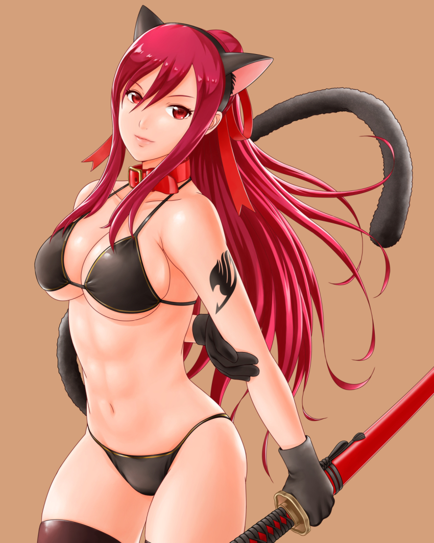 1girl, ameisensou, animal_collar, animal_ears, arm_behind_back, arm_tattoo, bikini, black_bikini, black_gloves, black_thighhighs, breasts, brown_background, cat_ears, cat_tail, closed_mouth, collar, collarbone, cowboy_shot, erza_scarlet, fairy_tail, gloves, hair_between_eyes, hair_ribbon, highres, holding, holding_sword, holding_weapon, insignia, katana, large_breasts, lips, long_hair, looking_at_viewer, navel, ponytail, red_collar, red_eyes, red_hair, red_ribbon, ribbon, sheath, sheathed, simple_background, skindentation, solo, stomach, swimsuit, sword, tail, tattoo, thighhighs, weapon