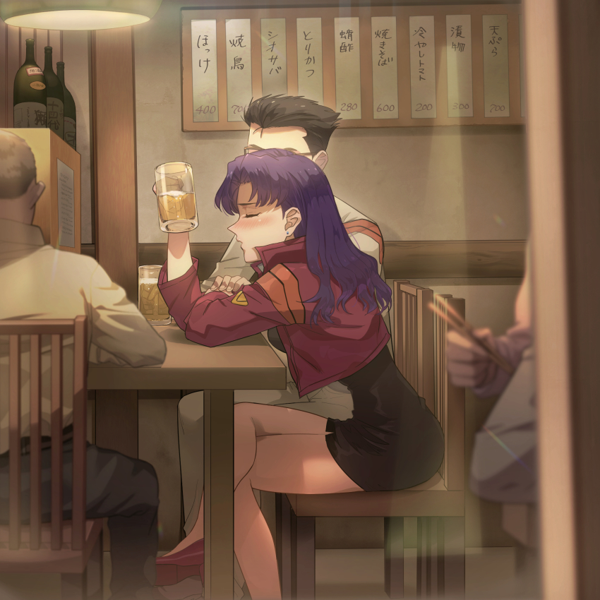 1girl, 1other, 2boys, alcohol, bar_(place), bare_legs, beer, beer_mug, black_dress, blush, bottle, brown_hair, ceiling_light, chair, chopsticks, closed_eyes, commentary_request, cropped_jacket, crossed_legs, cup, dress, drunk, earrings, from_side, glasses, heikki_(heikki_ghost), highres, holding, holding_cup, hyuuga_makoto, jacket, jewelry, katsuragi_misato, long_hair, long_sleeves, mug, multiple_boys, neon_genesis_evangelion, pants, parted_lips, profile, purple_hair, red_footwear, red_jacket, sake_bottle, short_dress, short_hair, sitting, stud_earrings, white_jacket, white_pants